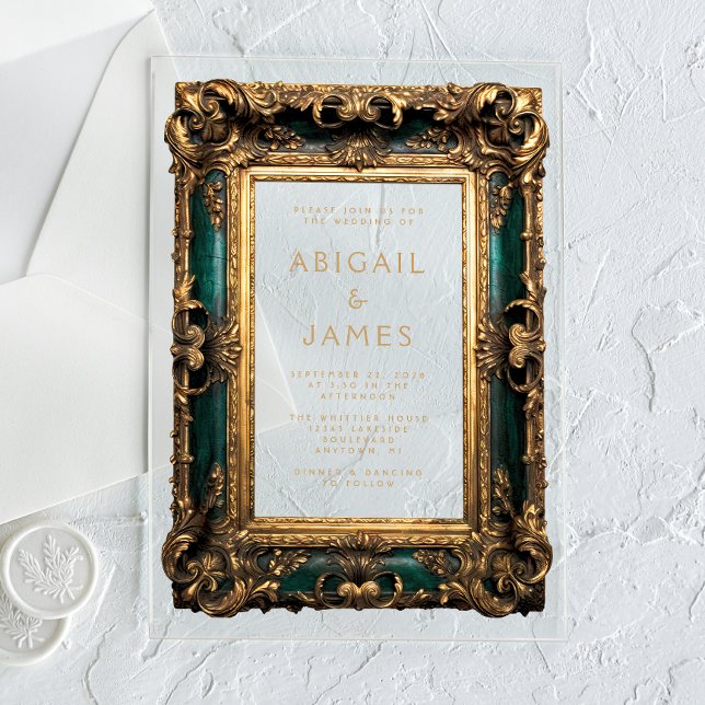 Vintage Frame Emerald Green Gold Wedding Acrylic Invitations (Creator Uploaded)