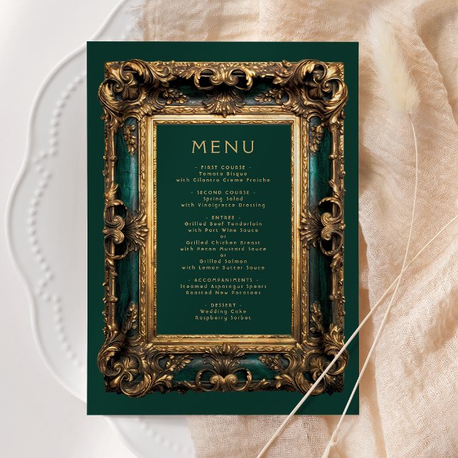 Vintage Frame Emerald Green Gold Wedding Menu (Creator Uploaded)