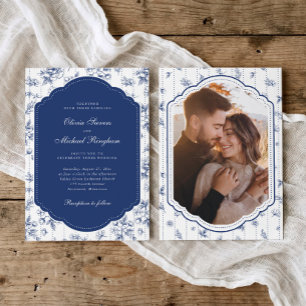 Vintage Frame Navy Blue French Toile Photo Wedding Invitation