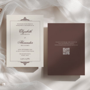 Vintage Frame Old Money Brown QR Code Wedding Invitation