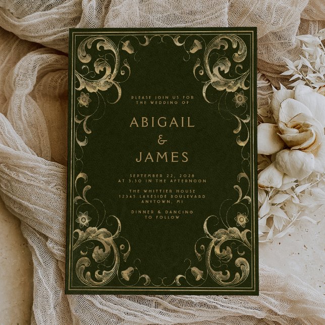 Vintage Frame Olive Green Gold Wedding Invitation (A unique choice for a vintage olive green and gold themed wedding.)