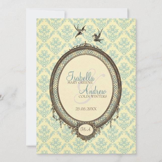 Vintage Frame on Damask Pattern Wedding Invite (Front)
