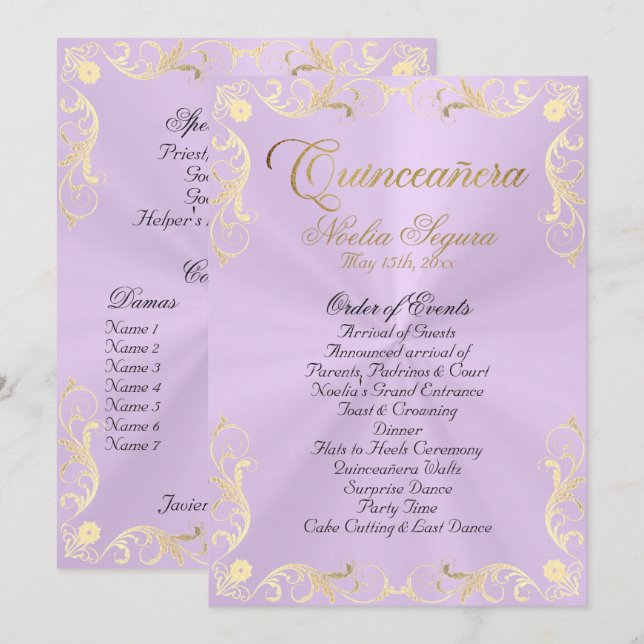 Vintage Frame Quinceanera Program - Lavender/Gold Programme (Front/Back)