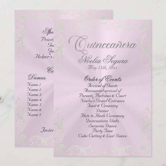 Vintage Frame Quinceanera Program - Pink/Silver Programme (Front/Back)