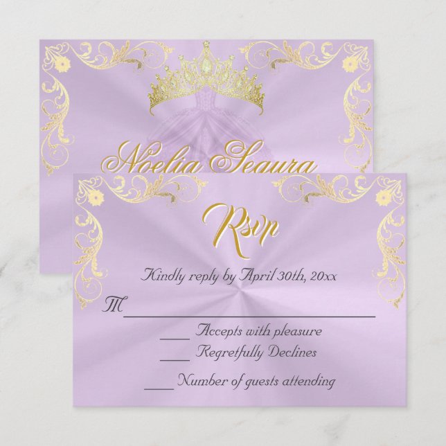 Vintage Frame Quinceanera RSVP - Lavender/Gold Card (Front/Back)