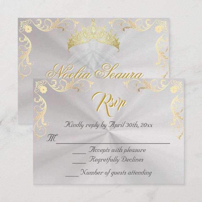 Vintage Frame Quinceanera RSVP - Pearl/Gold Card (Front/Back)