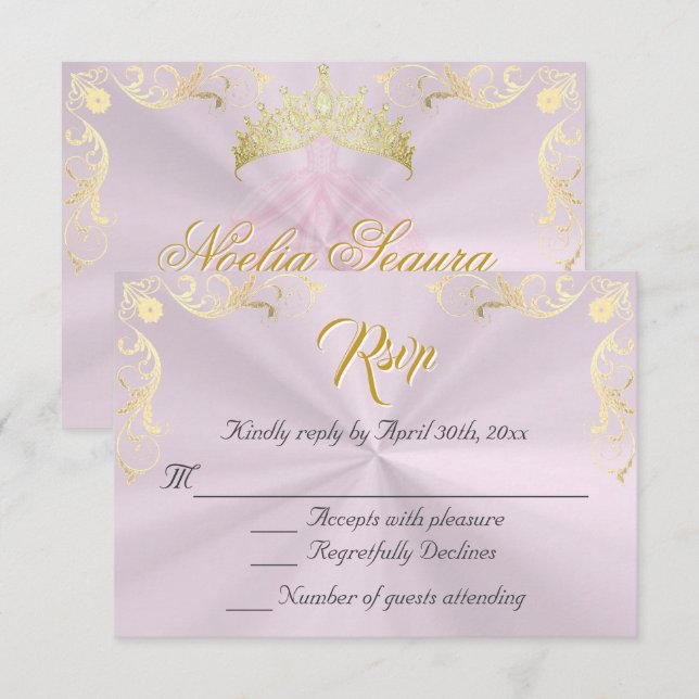 Vintage Frame Quinceanera RSVP - Pink/Gold Card (Front/Back)