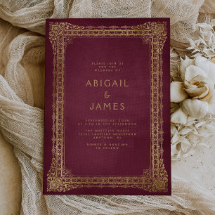 Vintage Frame Red Gold Wedding Invitation