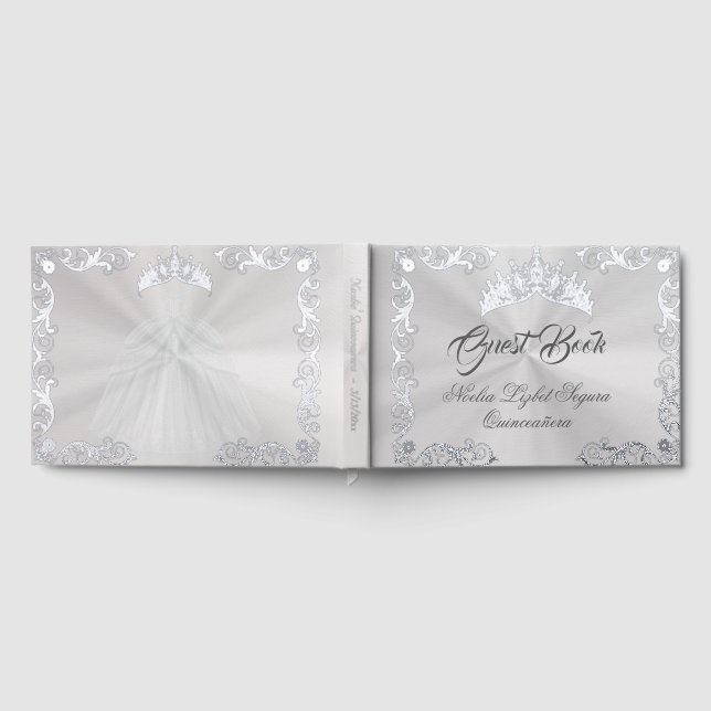 Vintage Frame, Tiara & Gown - White Pearl Guest Book (Full)
