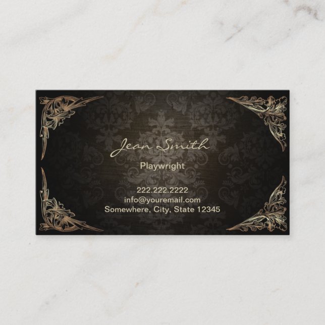 Vintage Framed Dark Damask Playwright Business Card (Front)