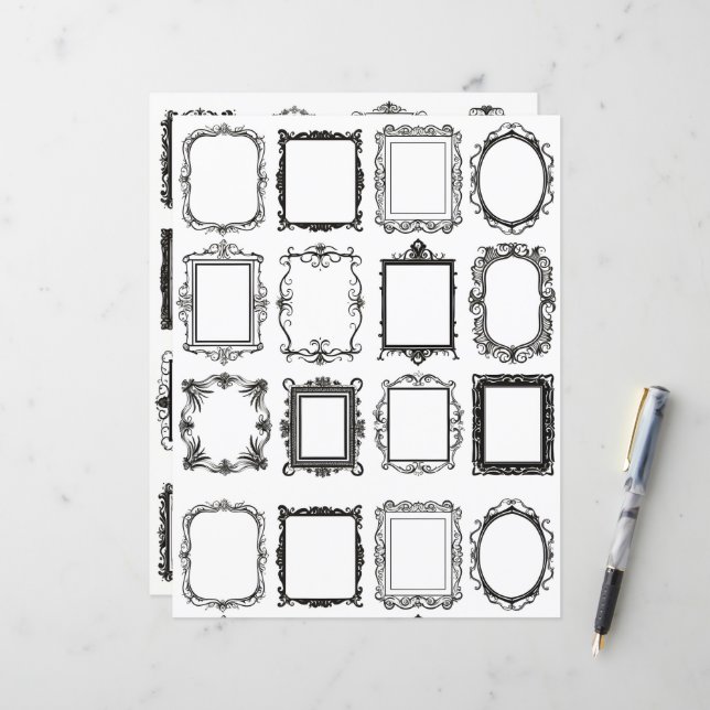 Vintage Frames Line Art Collage Scrapbook Paper (Front/Back In Situ)