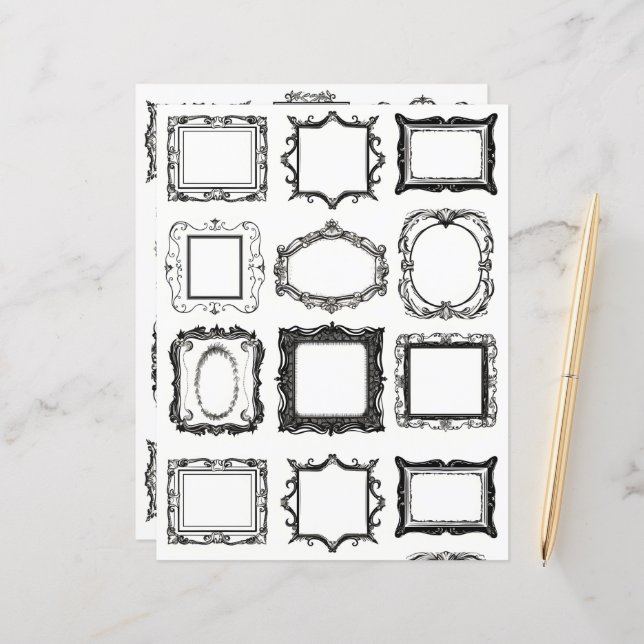 Vintage Frames Line Art Collage Scrapbook Paper (Front/Back In Situ)