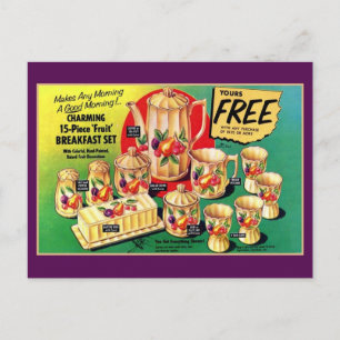 Vintage free 15 piece 'fruit' breakfast set ad postcard
