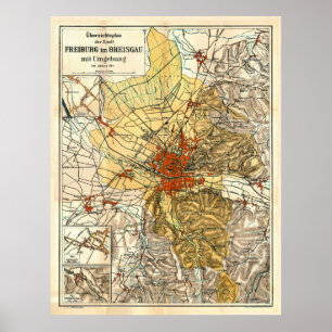Vintage Freiburg im Breisgau Germany Map (1911) Poster