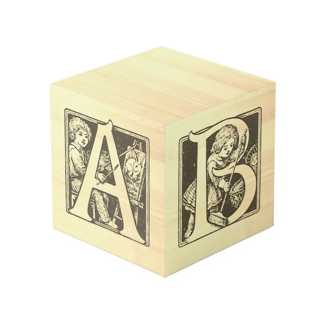 Vintage French Alphabet "ABC" Wooden Block Cube (Front Angled)