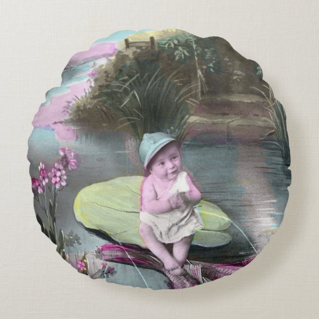 Vintage French April Fool Pistcard Round Cushion (Front)