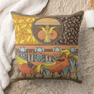 Vintage French Art Nouveau Nature Bird Pattern Cushion