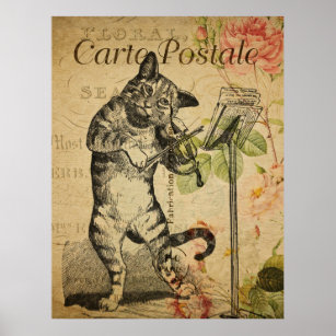 Vintage French Art Print, Cat And A Fiddle Poster