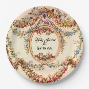 Vintage French Baby Shower Roses n Floral Vines Paper Plate
