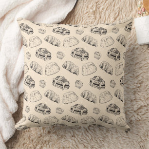 Vintage French Bakery Pastries Line Art Beige Cushion
