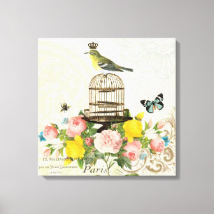 Vintage French bird and birdcage stretched canvas Print