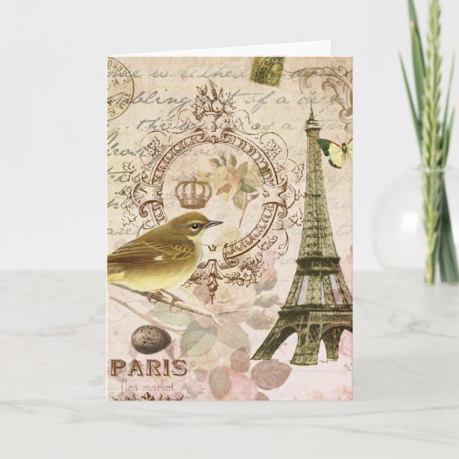 Vintage French bird and Eiffel Tower notecard (Front)