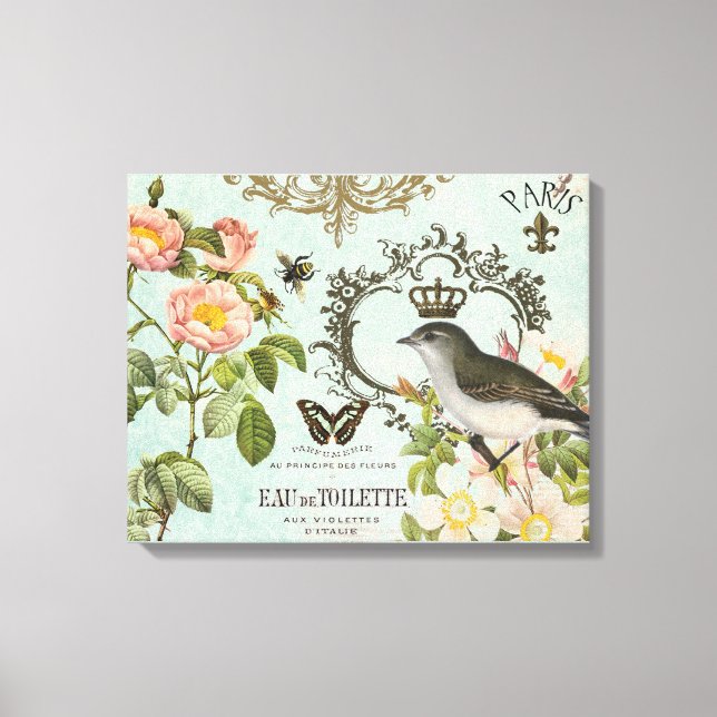 Vintage French Bird with crown stretched canvas (Front)