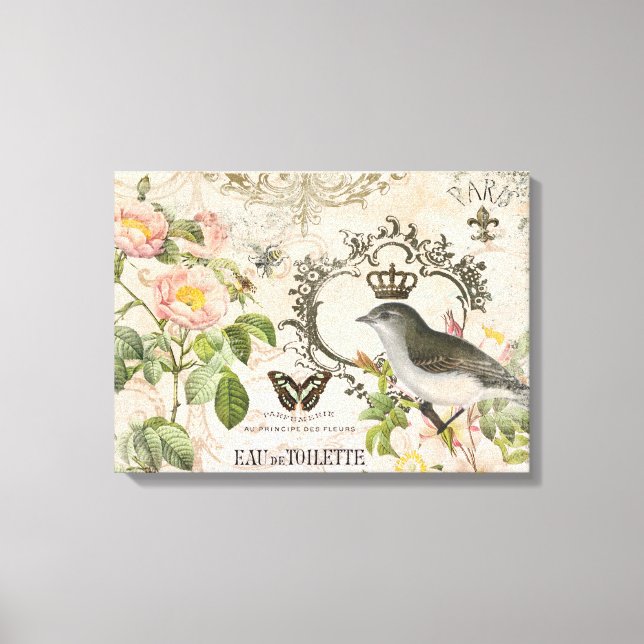 Vintage French bird with crown stretched canvas Print (Front)
