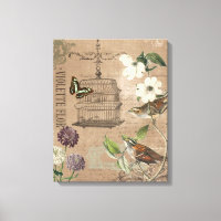 Vintage French birds and garden stretched canvas