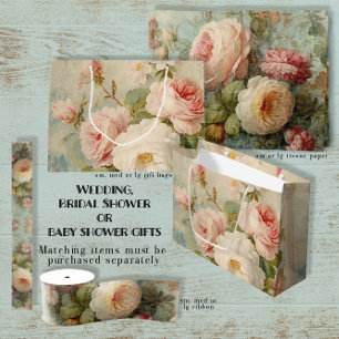 Vintage French Blue Pink Rose Floral Bridal Shower Large Gift Bag