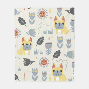 vintage French bulldog and Scandinavian flower ill Fleece Blanket