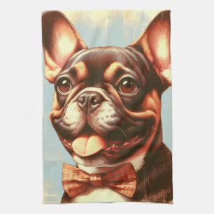 Vintage French Bulldog Painting Portrait Tea Towel