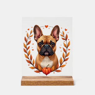 Vintage French Bulldog with Autumn Leaf Wreath and Acrylic Sign