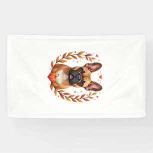 Vintage French Bulldog with Autumn Leaf Wreath and Banner