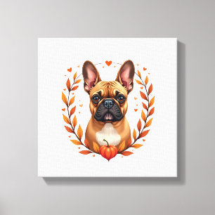 Vintage French Bulldog with Autumn Leaf Wreath and Canvas Print