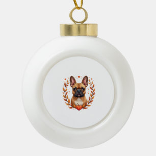 Vintage French Bulldog with Autumn Leaf Wreath and Ceramic Ball Christmas Ornament