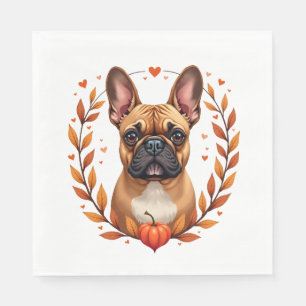 Vintage French Bulldog with Autumn Leaf Wreath and Napkin