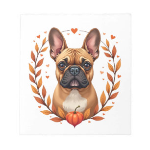 Vintage French Bulldog with Autumn Leaf Wreath and Notepad