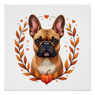 Vintage French Bulldog with Autumn Leaf Wreath and Poster