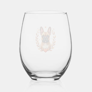 Vintage French Bulldog with Autumn Leaf Wreath and Stemless Wine Glass