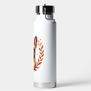 Vintage French Bulldog with Autumn Leaf Wreath and Water Bottle