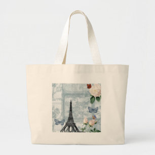 Vintage French Butterflies and Roses Large Tote Bag