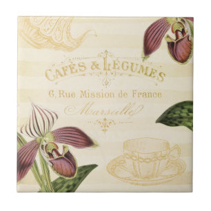 Vintage French Cafe Ad with Orchids Tile
