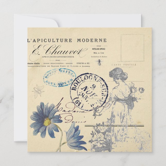 Vintage French Carte Postale Rose Lady Bee Flower (Front)