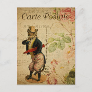 Vintage French Cat with monocle and umbrella Postcard