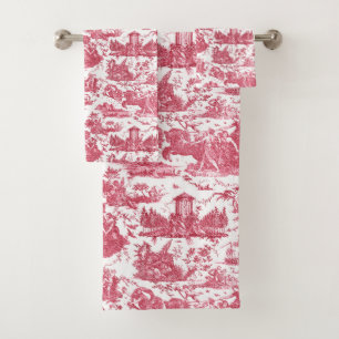 Vintage French Chariot of Dawn Toile de Jouy-Red Bath Towel Set