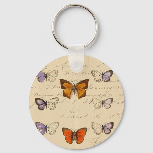 Vintage French Chic Butterflies Pattern Key Ring (Front)