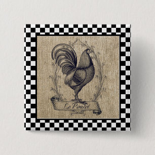 Vintage French Chicken on Chequerboard 15 Cm Square Badge