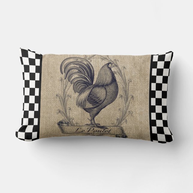 Vintage French Chicken on Chequerboard  Lumbar Cushion (Front)