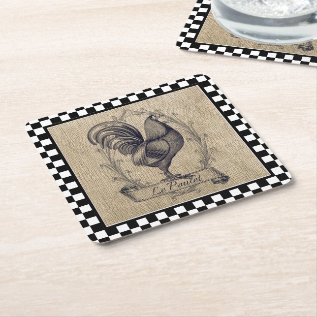 Vintage French Chicken on Chequerboard  Square Paper Coaster (Angled)